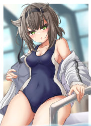 Rule 34 | 1girl, black headband, blue one-piece swimsuit, brown hair, clothes writing, competition swimsuit, covered navel, cowboy shot, green eyes, hair flaps, hatsuzuki (kancolle), headband, highres, jacket, kantai collection, kasashi (kasasi008), looking at viewer, official alternate costume, one-piece swimsuit, pool ladder, short hair, solo, swimsuit, white jacket