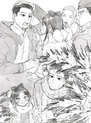 Rule 34 | 1girl, 3boys, alternate costume, anger vein, arm up, asirpa, black eyes, black hair, blush, bow, buzz cut, christmas, christmas ornaments, christmas tree, closed eyes, coat, collar, collared shirt, da ning (llemonyyyy), ear piercing, earrings, facial hair, facial scar, feeding, food, fork, from above, from side, fur collar, goatee, golden kamuy, grey background, grey hair, greyscale, hair bow, hair slicked back, hair strand, hand in own hair, hat, highres, holding, holding food, holding fork, hood, hood down, hooded jacket, hoop earrings, jacket, jealous, jewelry, long hair, long sideburns, long sleeves, looking at another, looking up, monochrome, multiple boys, ogata hyakunosuke, open clothes, open mouth, parted bangs, piercing, scar, scar on cheek, scar on face, scar on mouth, scar on nose, scarf, shiraishi yoshitake, shirt, short hair, sideburns, simple background, smile, snowflakes, stubble, sugimoto saichi, tree, undercut, upper body, very short hair, white background, white shirt