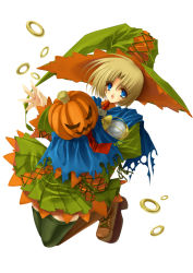 Rule 34 | 1girl, aoi yuuji, blonde hair, blue eyes, halloween, hat, jack-o&#039;-lantern, original, pumpkin, short hair, solo, white background, witch hat