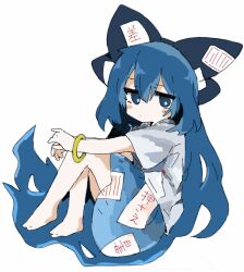 Rule 34 | 1girl, 76gpo, black bow, blue hair, blue skirt, blue sleeves, bow, bracelet, debt, full body, hair bow, highres, jewelry, long hair, short sleeves, simple background, skirt, solo, touhou, very long hair, white background, yorigami shion