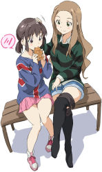 Rule 34 | 10s, 2girls, bare legs, bench, black footwear, blush, boots, brown eyes, brown hair, crossed legs, denim, denim shorts, eating, female focus, food, green eyes, hand on another&#039;s head, headpat, holding, holding food, katayama minami, kikuma kaya, knees together feet apart, light brown hair, long hair, long sleeves, looking at another, multiple girls, on bench, open m/, pink skirt, short hair, short twintails, shorts, simple background, sitting, skirt, smile, speech bubble, spoken blush, striped clothes, striped sweater, sweater, taiyaki, thigh boots, thighhighs, twintails, umanosuke, wagashi, wake up girls!, white background