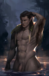 Rule 34 | 1boy, abs, backlighting, baldur&#039;s gate, baldur&#039;s gate 3, bara, dungeons &amp; dragons, flaccid, forest, halsin, hand in own hair, highres, laahra, lake, looking at viewer, male focus, mature male, medium hair, muscular, muscular male, nature, navel, nipples, nude, pectorals, penis, pointy ears, solo, sparse chest hair, standing, stomach, thick eyebrows, uncensored, wading, wide hips, wrinkled skin