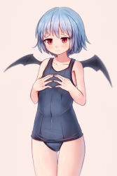 Rule 34 | 1girl, alternate costume, bad id, bad tumblr id, bat wings, blue hair, blush, covered navel, cowboy shot, fingers together, highres, no headwear, old school swimsuit, one-piece swimsuit, pink background, red eyes, remilia scarlet, school swimsuit, school uniform, shone, short hair, simple background, solo, swimsuit, touhou, wings