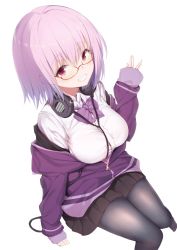Rule 34 | 10s, 1girl, black pantyhose, blush, breasts, collared shirt, commentary request, from above, glasses, gridman universe, grin, headphones, headphones around neck, highres, jacket, large breasts, light purple hair, long sleeves, looking at viewer, looking up, maosame, off shoulder, pantyhose, pleated skirt, purple jacket, red-framed eyewear, red eyes, school uniform, shinjou akane, shirt, short hair, simple background, sitting, skirt, sleeves past wrists, smile, solo, ssss.gridman, teeth, track jacket, unzipped, white background, white shirt