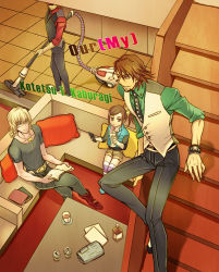 Rule 34 | 10s, 3boys, age difference, bad id, bad pixiv id, barnaby brooks jr., blonde hair, bracelet, brown eyes, brown hair, cabbie hat, couch, dark persona, dual persona, ebitetsu, facial hair, father and daughter, glasses, green eyes, hat, house, jewelry, kaburagi kaede, kaburagi t. kotetsu, male focus, multiple boys, necklace, necktie, qgame, reading, scenery, shirt, side ponytail, stairs, striped clothes, striped legwear, striped thighhighs, stubble, t-shirt, thighhighs, tiger &amp; bunny, vacuum cleaner, vest, waistcoat, watch, wristwatch