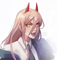 Rule 34 | 1girl, artist name, black necktie, blue jacket, chainsaw man, collared shirt, cross-shaped pupils, hair between eyes, highres, horns, jacket, kookirani, long hair, looking at viewer, necktie, open mouth, power (chainsaw man), red horns, sharp teeth, shirt, simple background, solo, symbol-shaped pupils, teeth, white background, white shirt, yellow eyes