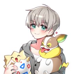 Rule 34 | &gt; &lt;, 1girl, :d, ^ ^, alternate costume, blue eyes, blush, closed eyes, closed mouth, collarbone, creatures (company), crossover, fangs, flat chest, game freak, gen 2 pokemon, gen 8 pokemon, hair behind ear, head tilt, heart, hime gongju, holding, holding pokemon, looking at viewer, nijisanji, nijisanji kr, nintendo, oh jiyu, open mouth, pokemon, pokemon (creature), shirt, silver hair, simple background, smile, solo focus, togepi, tongue, tongue out, upper body, v-shaped eyebrows, virtual youtuber, white background, white shirt, yamper