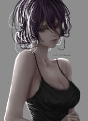 Rule 34 | 1girl, absurdres, artist name, bare arms, bare shoulders, black camisole, breasts, camisole, chainsaw man, chinese commentary, cleavage, collarbone, commentary, cxx xxo, green eyes, grey background, hair between eyes, hair bun, highres, large breasts, lips, long bangs, purple hair, reze (chainsaw man), simple background, solo, spaghetti strap, upper body