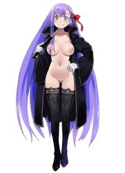 Rule 34 | 10s, 1girl, 774 (nanashi), ass, bad id, bad twitter id, bb (fate), bb (fate/extra), black thighhighs, blush, bow, breasts, breasts apart, closed mouth, coat, collarbone, fate/extra, fate/extra ccc, fate/grand order, fate (series), full body, gloves, gluteal fold, hair bow, hand on own hip, happy, highres, jacket, long hair, long sleeves, looking at viewer, matching hair/eyes, medium breasts, naked coat, navel, nipples, no pussy, open clothes, open jacket, puffy nipples, purple eyes, purple hair, red bow, simple background, smile, solo, standing, stomach, thighhighs, very long hair, white background, white gloves, wide sleeves