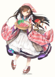 Rule 34 | 1girl, apron, black hair, blush, brown eyes, brown footwear, character request, closed mouth, commentary request, copyright notice, food, frilled apron, frills, full body, hair between eyes, hair ornament, hairclip, hand fan, head scarf, holding, japanese clothes, kimono, long hair, long sleeves, looking at viewer, maid, maid apron, maruma (maruma gic), official art, paper fan, pink kimono, platform clogs, platform footwear, sandals, sennen sensou aigis, simple background, smile, socks, solo, uchiwa, very long hair, wa maid, watermark, white apron, white background, white socks, wide sleeves, zouri