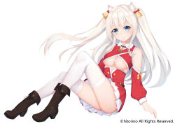 Rule 34 | 1girl, animal ear fluff, animal ears, bare shoulders, bell, black footwear, blue eyes, blush, boots, bow, breasts, character request, cleavage, closed mouth, commentary request, copyright notice, cross-laced footwear, detached sleeves, dress, fate/grand order, fate (series), hair bell, hair bow, hair ornament, high heel boots, high heels, highres, karin (fineyanny), lace-up boots, long sleeves, medium breasts, official art, pleated dress, puffy long sleeves, puffy sleeves, red bow, red dress, red sleeves, simple background, sleeveless, sleeveless dress, smile, solo, thighhighs, two side up, underboob, watermark, white background, white hair, white thighhighs