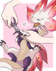Rule 34 | anger vein, animal focus, annoyed, applying manicure, blue eyes, body fur, border, claws, clipping nails, dragon, fins, from side, highres, holding, ikuchi osutega, minimized, mizutsune, monster hunter (series), motion lines, nail clippers, open mouth, out of frame, outside border, pink background, purple fur, sharp teeth, size difference, spoken anger vein, tail, teeth, white border