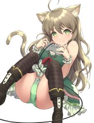 Rule 34 | 1girl, ahoge, animal ears, argyle, argyle clothes, argyle legwear, bare shoulders, black footwear, black thighhighs, blush, boots, borrowed character, bow, bow panties, breasts, brown hair, cat ears, cat girl, cat tail, chokuro, closed mouth, commentary request, controller, dress, frilled dress, frills, game controller, green dress, green eyes, green panties, hair between eyes, hands up, highres, holding, knees up, long hair, looking at viewer, medium breasts, original, panties, simple background, sleeveless, sleeveless dress, smile, solo, tail, thighhighs, thighhighs under boots, underwear, very long hair, white background, wrist cuffs