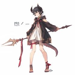 Rule 34 | 1other, androgynous, arms behind back, brown hair, closed mouth, expressionless, full body, holding, holding polearm, holding spear, holding weapon, horns, long sleeves, looking at viewer, nagu, original, pixiv fantasia, polearm, red eyes, red ribbon, ribbon, short hair, solo, spear, tail, twitter username, weapon