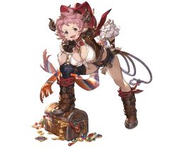Rule 34 | 1girl, blue eyes, blush, boots, breasts, cleavage, cowboy hat, draph, fingerless gloves, frills, front-tie top, full body, gem, gloves, gold, granblue fantasy, hand on own hip, hand on own chin, hat, horns, jewelry, karva (granblue fantasy), knee boots, large breasts, leaning forward, looking at viewer, midriff, minaba hideo, necklace, official art, open mouth, pink hair, pointy ears, short hair, shorts, single thighhigh, smile, solo, striped, thighhighs, transparent background, treasure, treasure chest, v-shaped eyebrows, vertical stripes, weapon, whip