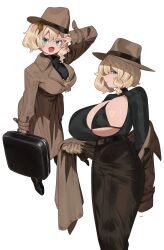Rule 34 | belt, black sweater, blonde hair, blue eyes, blush, breastless clothes, breasts, briefcase, brown skirt, cleavage, coat, fedora, florida-chan (ryusei hashida), hair between eyes, hat, highres, huge breasts, large breasts, long skirt, looking at viewer, medium hair, micro bra, multiple views, open clothes, open coat, open mouth, original, profile, ryusei hashida, simple background, skirt, smile, suitcase, sweater, sweater tucked in, tented shirt, tight clothes, trench coat, undressing, v over eye, white background