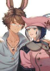 Rule 34 | 1boy, 1girl, au ra, black cape, blue eyes, blue shirt, cape, collarbone, eye contact, final fantasy, final fantasy xiv, fur trim, glasses, grey hair, hat, hat feather, highres, jewelry, looking at another, necklace, partially unbuttoned, pink headwear, pink shirt, shirt, sho (sumika), smile, tricorne, upper body, viera, warrior of light (ff14), white hair