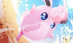 Rule 34 | asakirirokuyu, blue eyes, closed mouth, commentary request, creatures (company), frown, full body, game freak, gen 1 pokemon, looking at viewer, multicolored background, nintendo, no humans, pokemon, pokemon (creature), serious, simple background, solo, v-shaped eyebrows, wigglytuff