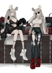 Rule 34 | 2girls, adjusting eyewear, animal ears, bag, black jacket, boots, breasts, cleavage, cleavage cutout, closed mouth, clothing cutout, cropped sweater, denim, ear piercing, earrings, fishnet legwear, fishnets, grey eyes, grey hair, hand up, highres, jacket, jacket partially removed, jeans, jewelry, large breasts, long hair, looking at viewer, midriff, mouse ears, multiple girls, narue, pants, piercing, plunging neckline, red footwear, sitting, socks, standing, sunglasses, sweater, torn clothes, torn pants, twintails, very long hair, white sweater