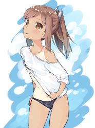Rule 34 | 10s, 1girl, black panties, breasts, brown eyes, brown hair, clothes pull, i-401 (kancolle), kantai collection, looking at viewer, no pants, off shoulder, one-piece tan, panties, ponytail, pulling own clothes, shirt, shirt pull, small breasts, solo, t-shirt, tan, tanline, tunamayochan, underboob, underwear, white shirt