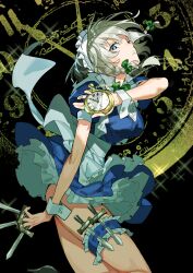 Rule 34 | 1girl, apron, black background, blue dress, blue eyes, bow, bowtie, braid, breasts, bridal garter, chain, closed mouth, collared dress, dress, feet out of frame, flat chest, grey hair, hair bow, head tilt, highres, holding, holding knife, holding stopwatch, izayoi sakuya, knife, koppe koppe, looking at viewer, maid headdress, short dress, short hair, small breasts, solo, sparkle, stopwatch, touhou, waist apron, watch, wrist cuffs