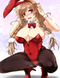 Rule 34 | 1girl, absurdres, alternate breast size, animal ears, bare shoulders, blush, braid, breasts, brown eyes, brown hair, cameltoe, cleavage, collarbone, detached collar, embarrassed, fake animal ears, high heels, highres, kantai collection, large breasts, leotard, long hair, looking at viewer, minegumo (kancolle), navel, open mouth, pantyhose, playboy bunny, rabbit ears, shigatsu (soratobuusagi), squatting, sweat, wrist cuffs