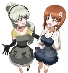 Rule 34 | 2girls, anchovy (girls und panzer), black gloves, blue dress, blush, breasts, brown eyes, brown hair, cleavage, cup, dress, elbow gloves, flower, girls und panzer, gloves, green dress, green hair, hair flower, hair ornament, kayabakoro, long hair, looking at another, medium breasts, mug, multiple girls, nishizumi miho, open mouth, ponytail, red eyes, short hair, simple background, smile, white background, white gloves
