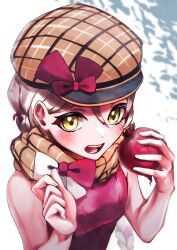 Rule 34 | 1girl, bare shoulders, blush, bow, brown hat, cabbie hat, commentary, fire emblem, fire emblem engage, food, framme (fire emblem), grey hair, hands up, hat, hat bow, highres, holding, holding food, looking at viewer, miran (olivine 20), nintendo, open mouth, pink shirt, plaid headwear, radish, red bow, shirt, short hair, sleeveless, sleeveless shirt, solo, upper body, white background, yellow eyes