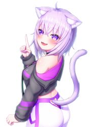 Rule 34 | 1girl, :3, :d, absurdres, ahoge, animal ear fluff, animal ears, ass, bad id, bad pixiv id, bare shoulders, black shirt, blush, cat ears, cat tail, commentary request, fang, fingernails, from side, hair between eyes, highres, hololive, index finger raised, light purple hair, long sleeves, midriff, mimazou, nail polish, nekomata okayu, nekomata okayu (1st costume), open mouth, purple eyes, shirt, smile, solo, tail, transparent background, virtual youtuber