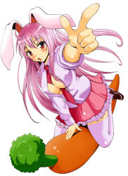 Rule 34 | 1girl, animal ears, between breasts, breasts, carrot, female focus, foreshortening, long hair, necktie, pink hair, pointing, rabbit ears, red eyes, red necktie, reisen udongein inaba, saipin, skirt, solo, thighhighs, touhou