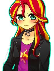 Rule 34 | 00riko, 1girl, choker, flat chest, green eyes, highres, jacket, leather, leather jacket, multicolored hair, my little pony, my little pony: equestria girls, my little pony: friendship is magic, personification, simple background, sunset shimmer, two-tone hair