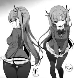 Rule 34 | !, 1girl, ;p, ?, ass, blazer, bow, bowtie, breasts, gradient background, grey background, greyscale, hair ribbon, head tilt, highres, jacket, leaning forward, long hair, long sleeves, looking at viewer, looking back, medium breasts, miniskirt, monochrome, multiple tails, multiple views, one eye closed, original, pantyhose, pleated skirt, profile, ribbon, school uniform, skirt, spoken exclamation mark, spoken panties, tail, takakura, thigh gap, tongue, tongue out, two side up, white background