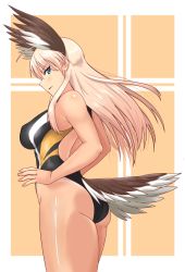 Rule 34 | 1girl, ass, bird tail, blue eyes, breasts, competition swimsuit, covered erect nipples, hanna-justina marseille, head wings, highleg, highleg swimsuit, kunashiri (etorofu), large breasts, long hair, looking at viewer, one-piece swimsuit, pink hair, solo, strike witches, swimsuit, tail, wings, witches of africa, world witches series