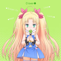 Rule 34 | 1girl, astarotte ygvar, blonde hair, blush, bow, clothing cutout, clover, covering face, covering own mouth, covering privates, detached collar, english text, four-leaf clover, green eyes, hair bow, heart, long hair, lotte no omocha!, meow (nekodenki), midriff, navel, navel cutout, solo, thighhighs, twintails, zettai ryouiki