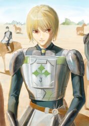 Rule 34 | 2others, absurdres, alternate costume, androgynous, armor, blonde hair, breastplate, citroaka, crystal earrings, earrings, highres, horse, hunter x hunter, jewelry, kurapika, long sleeves, looking to the side, multiple others, red eyes, short hair, shoulder armor, solo