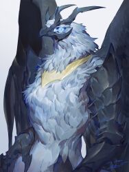 Rule 34 | 1boy, armor, beak, bird boy, bird wings, black wings, blue eyes, blue feathers, collar, commission, constricted pupils, feathers, from side, furry, furry male, glowing, glowing eye, greaves, haku (shirogane), highres, horns, looking at viewer, male focus, metal collar, original, signature, simple background, skeb commission, solo, standing, upper body, white background, wings