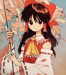 Rule 34 | 1girl, ascot, black hair, bow, cherry blossoms, day, detached sleeves, gohei, hair bow, hair tubes, hakurei reimu, ka (marukogedago), long hair, looking at viewer, nontraditional miko, ofuda, petals, red eyes, sidelocks, smile, solo, touhou, upper body, wide sleeves