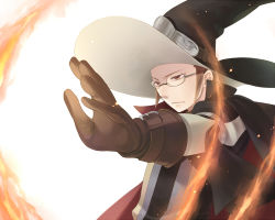 Rule 34 | 1boy, brown eyes, brown gloves, brown hair, cape, casting spell, fire, fire emblem, fire emblem awakening, foreshortening, frown, glasses, gloves, hat, kiyuu, laurent, magic, male focus, nintendo, outstretched arm, puffy sleeves, ring of fire, serious, simple background, solo, white background, witch hat