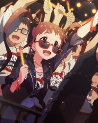 Rule 34 | 10s, 1girl, :d, artist request, bracelet, brown eyes, brown hair, glasses, glowstick, idolmaster, idolmaster million live!, jewelry, looking over eyewear, looking over glasses, matsuda arisa, musical note, namco, necklace, official art, opaque glasses, open mouth, smile, solo focus, sunglasses, tinted eyewear, twintails
