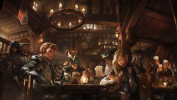 Rule 34 | 3girls, 6+boys, alcohol, armor, armored boots, arrow (projectile), barbarian, bard, beard, beer mug, black pants, blonde hair, boots, bottle, bow (weapon), breasts, bridal gauntlets, brown gloves, brown hair, brown legwear, candle, candlelight, card, chair, cleavage, closed eyes, collarbone, commentary, cross, cross necklace, crossbow, crossed legs, cup, detached sleeves, drill hair, drinking glass, facial hair, fairy, fantasy, gauntlets, gloves, hat, hat feather, highres, holding, holding card, holding cup, holding map, holding weapon, hood, hood up, indoors, instrument, jewelry, lamp, large breasts, long hair, long sleeves, lute (instrument), map, medium breasts, mug, multiple boys, multiple girls, mustache, necklace, open mouth, original, over shoulder, paladin, pants, pauldrons, playing card, pointy ears, quiver, ranger, rope, scar, shield, shirt, short hair, short sleeves, shoulder armor, sitting, smile, sword, table, tavern, thigh boots, thighhighs, twin drills, vambraces, very long hair, vest, weapon, weapon over shoulder, white shirt, wizard, wizard hat, woo chul lee, wooden chair, wooden table