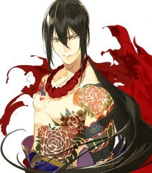 Rule 34 | 1boy, black hair, chest tattoo, fate/grand order, fate (series), green eyes, long hair, looking at viewer, male focus, pako (pakosun), ponytail, smile, solo, tattoo, upper body, yan qing (fate)