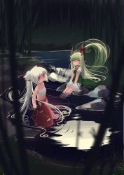 Rule 34 | 2girls, absurdres, arms at sides, bamboo, bamboo forest, bare shoulders, bloomers, blunt bangs, blush stickers, bow, bright pupils, cigarette, closed eyes, commentary, dress, ex-keine, fireflies, forest, fujiwara no mokou, full moon, grass, green dress, green hair, hair bow, hands on own knees, highres, horn bow, horn ornament, horns, kamishirasawa keine, long hair, looking at viewer, moon, multiple girls, nature, neckerchief, no mouth, ofuda, ofuda on clothes, on ground, outdoors, pants, ponytail, puffy short sleeves, puffy sleeves, red bow, red eyes, red neckerchief, red pants, reflection, river, rock, sarashi, short sleeves, sitting, smoke, soaking feet, standing, sweet reverie, touhou, underwear, very long hair, wading, water, white bloomers, white bow, white hair, white pupils, white sleeves