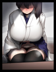 Rule 34 | 1girl, black border, black thighhighs, blue hakama, blush, border, breasts, brown hair, clothes lift, commentary request, female pubic hair, hakama, hakama short skirt, hakama skirt, highres, huge breasts, japanese clothes, kaga (kancolle), kantai collection, konoshige (ryuun), lifted by self, long hair, no panties, nose blush, pubic hair, shaded face, short sidetail, side ponytail, sitting, skirt, skirt lift, solo, sweat, thighhighs