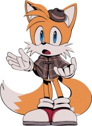 Rule 34 | 1boy, animal ears, animal nose, blue eyes, body fur, brown capelet, brown hat, capelet, child, digimin, fedora, fox boy, fox ears, fox tail, full body, furry, furry male, gloves, hands up, hat, looking at viewer, male focus, mini hat, multiple tails, non-web source, official art, open mouth, plaid capelet, red footwear, shoes, simple background, socks, solo, sonic (series), standing, tail, tails (sonic), the murder of sonic the hedgehog, transparent background, two-tone fur, two tails, white fur, white gloves, white socks, yellow fur