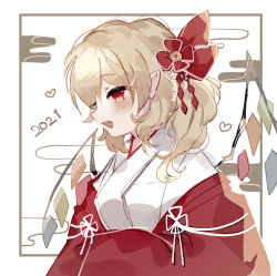 Rule 34 | 1girl, 2021, blonde hair, blush, crystal, fang, flandre scarlet, heart, japanese clothes, kimono, long sleeves, looking to the side, medium hair, no headwear, one side up, open mouth, profile, red eyes, red kimono, simple background, smile, solo, sorani (kaeru0768), touhou, upper body, white background, wide sleeves, wings