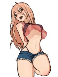 Rule 34 | 1girl, arms behind back, blonde hair, chainsaw man, cross-shaped pupils, cutoffs, denim, denim shorts, gurumo (twitter), hair between eyes, highres, horns, long hair, looking at viewer, open mouth, pants, panty straps, power (chainsaw man), red horns, see-through camisole, sharp teeth, shorts, simple background, solo, symbol-shaped pupils, teeth, tongue, tongue out, torn clothes, torn pants, white background, yellow eyes
