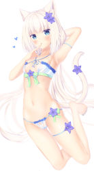 Rule 34 | 1girl, animal ear fluff, animal ears, arm behind head, arm up, armpits, barefoot, bikini, blue eyes, blue nails, blush, breasts, cameltoe, cat ears, cat girl, cat tail, commentary, feet, finger to mouth, flower, frilled bikini, frills, full body, hair flower, hair ornament, highres, long hair, looking at viewer, nail polish, navel, nekopara, parted lips, simple background, small breasts, solo, stomach, swimsuit, tail, tail flower, tail ornament, thigh strap, toenail polish, toenails, vanilla (nekopara), very long hair, white background, white hair, yuzuki yuki (another yuki)