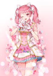 Rule 34 | 1girl, ;d, artist name, bang dream!, bow, character name, dress, earrings, floral background, flower, flower earrings, frilled dress, frills, gloves, hair bow, hair flower, hair ornament, heart, heart hands, highres, jewelry, maruyama aya, milcona, neck ribbon, one eye closed, open mouth, overskirt, pink eyes, pink hair, pink ribbon, ribbon, see-through, see-through sleeves, short sleeves, sidelocks, smile, solo, sparkle, striped ribbon, twintails, white bow, white gloves