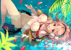 Rule 34 | 1girl, :d, blush, breasts, headphones, highres, jacket, large breasts, leaf, long hair, looking at viewer, lying, nipples, nitroplus, on back, open clothes, open jacket, open mouth, open skirt, panties, partially submerged, petals, pink eyes, plaid, plaid skirt, pleated skirt, resized, see-through, skirt, unworn skirt, smile, solo, super sonico, underwear, upscaled, upside-down, waifu2x, water, wet, wet clothes, white panties, yoo (tabi no shiori)