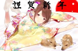 Rule 34 | 1girl, ama mitsuki, animal, back bow, blush, bow, bright pupils, brown eyes, brown hair, chinese zodiac, closed mouth, commentary request, floral print, flower, hair flower, hair ornament, head tilt, japanese clothes, kimono, large bow, legs up, long sleeves, lying, obi, on stomach, original, pig, ponytail, print kimono, sash, short hair, smile, solo, sweat, tabi, translation request, white flower, wide sleeves, yellow kimono